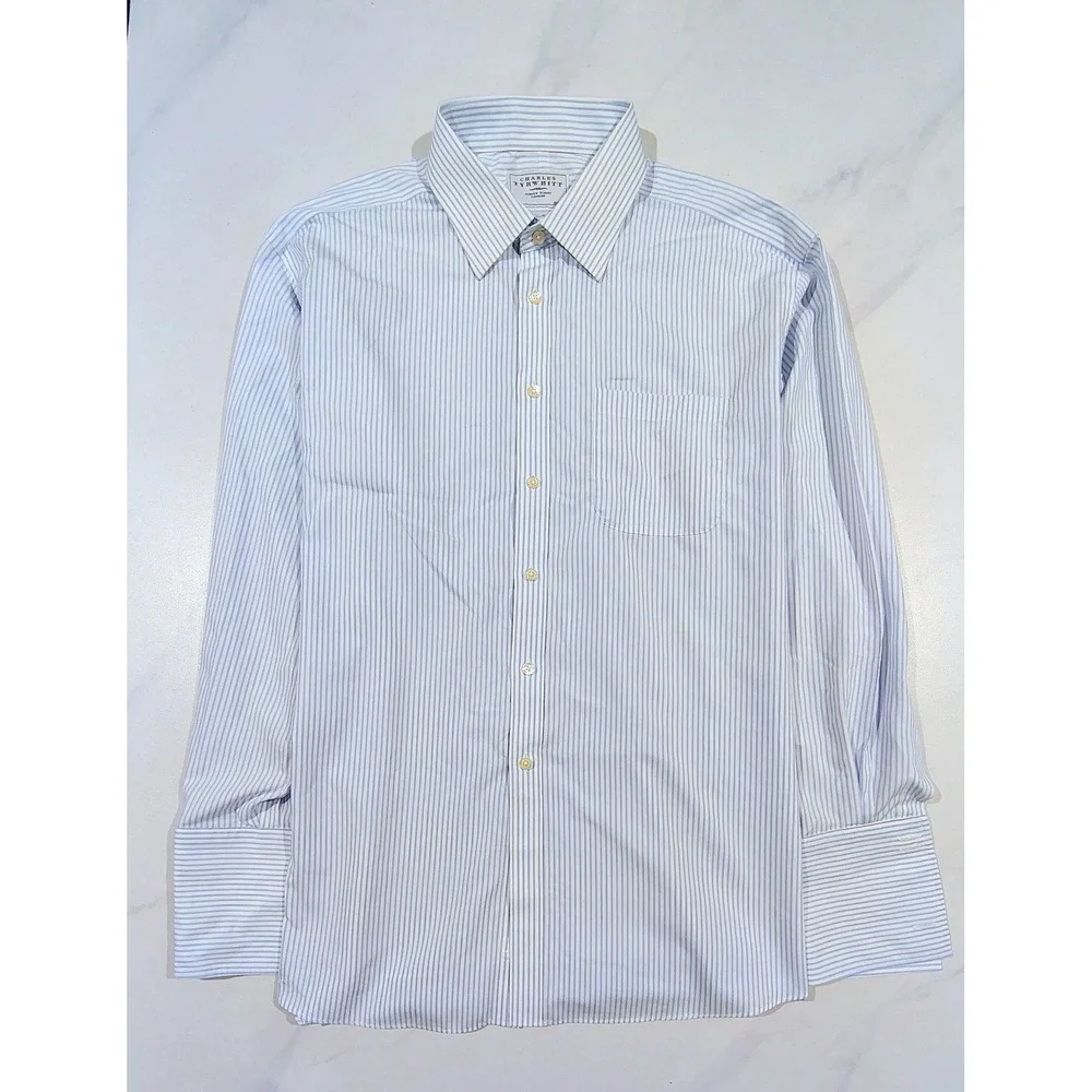 Charles Tyrwhitt Men's Dress Shirt Non-Iron Size 18 / 37 Blue Striped Cotton